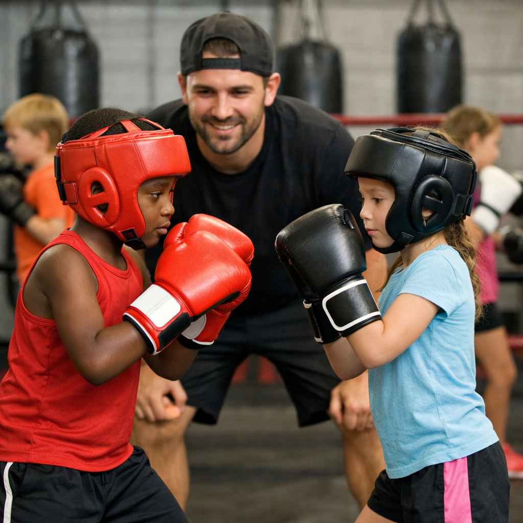 Two children with boxing gloves and headgear sparring under coach supervision