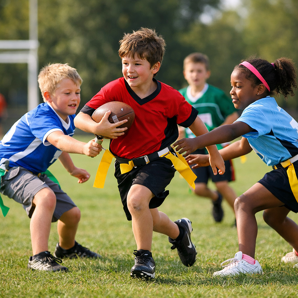 Children playing flag football with one boy running with the ball and others trying to grab his flags
